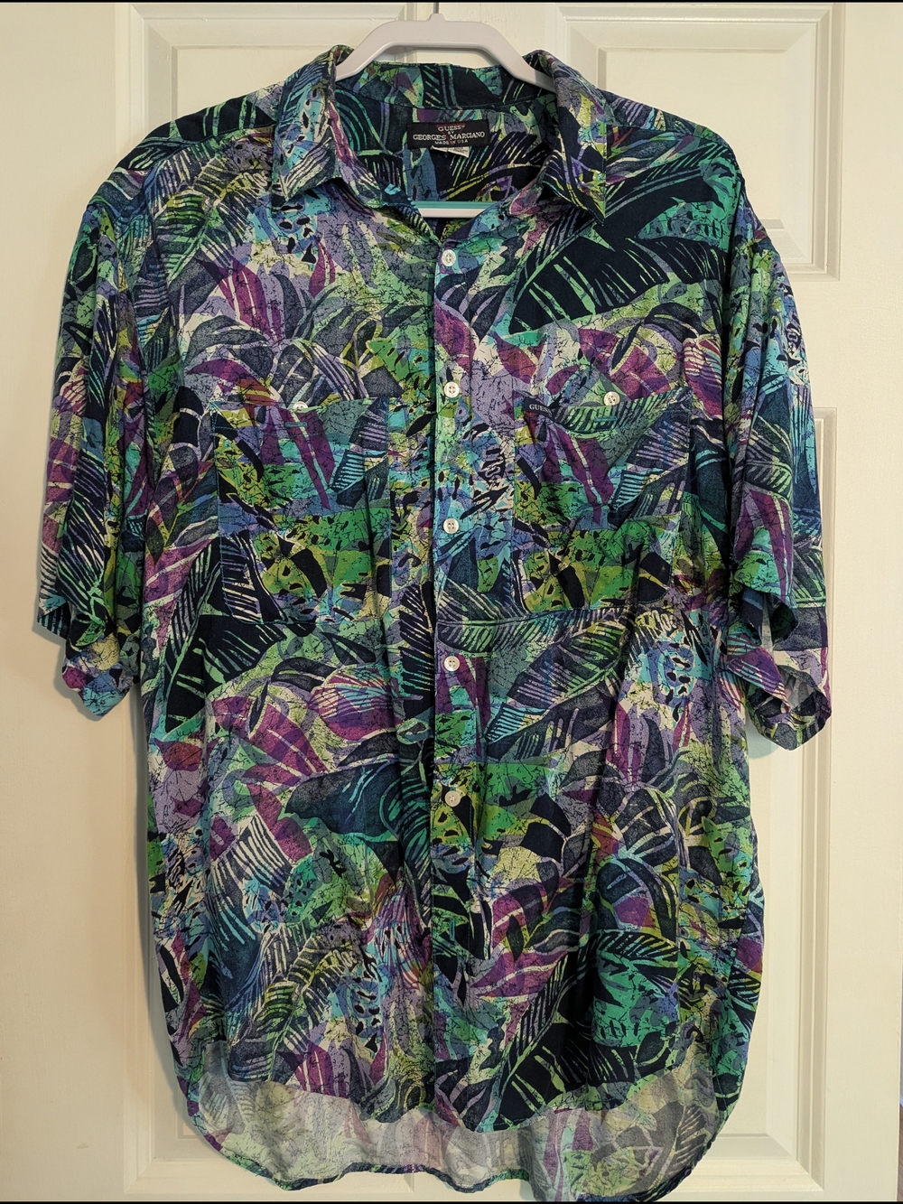 Guess Men’s Short-Sleeve Button-Down Shirt in Green, Blue & Purple